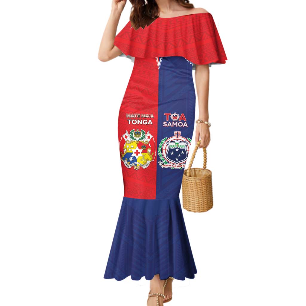 Custom Rugby Samoa And Tonga Family Matching Mermaid Dress and Hawaiian Shirt Toa Samoa With Mate Maa LT05 Mom's Dress Multicolor - Polynesian Pride