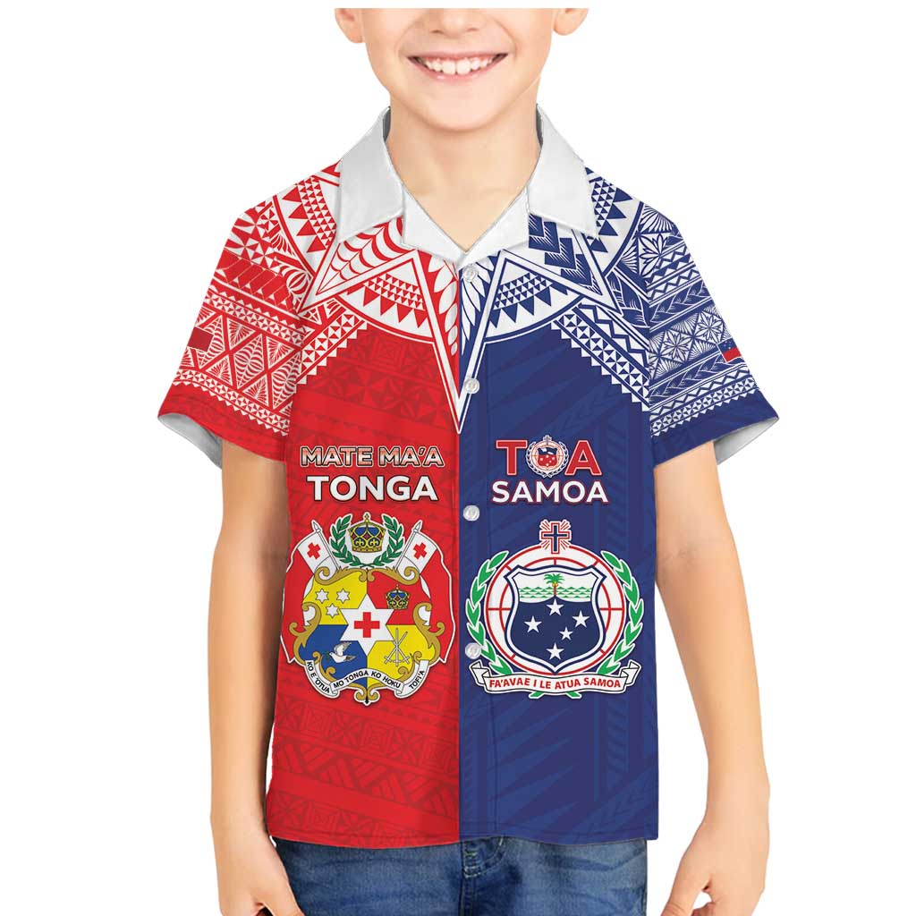 Custom Rugby Samoa And Tonga Family Matching Mermaid Dress and Hawaiian Shirt Toa Samoa With Mate Maa LT05 Son's Shirt Multicolor - Polynesian Pride