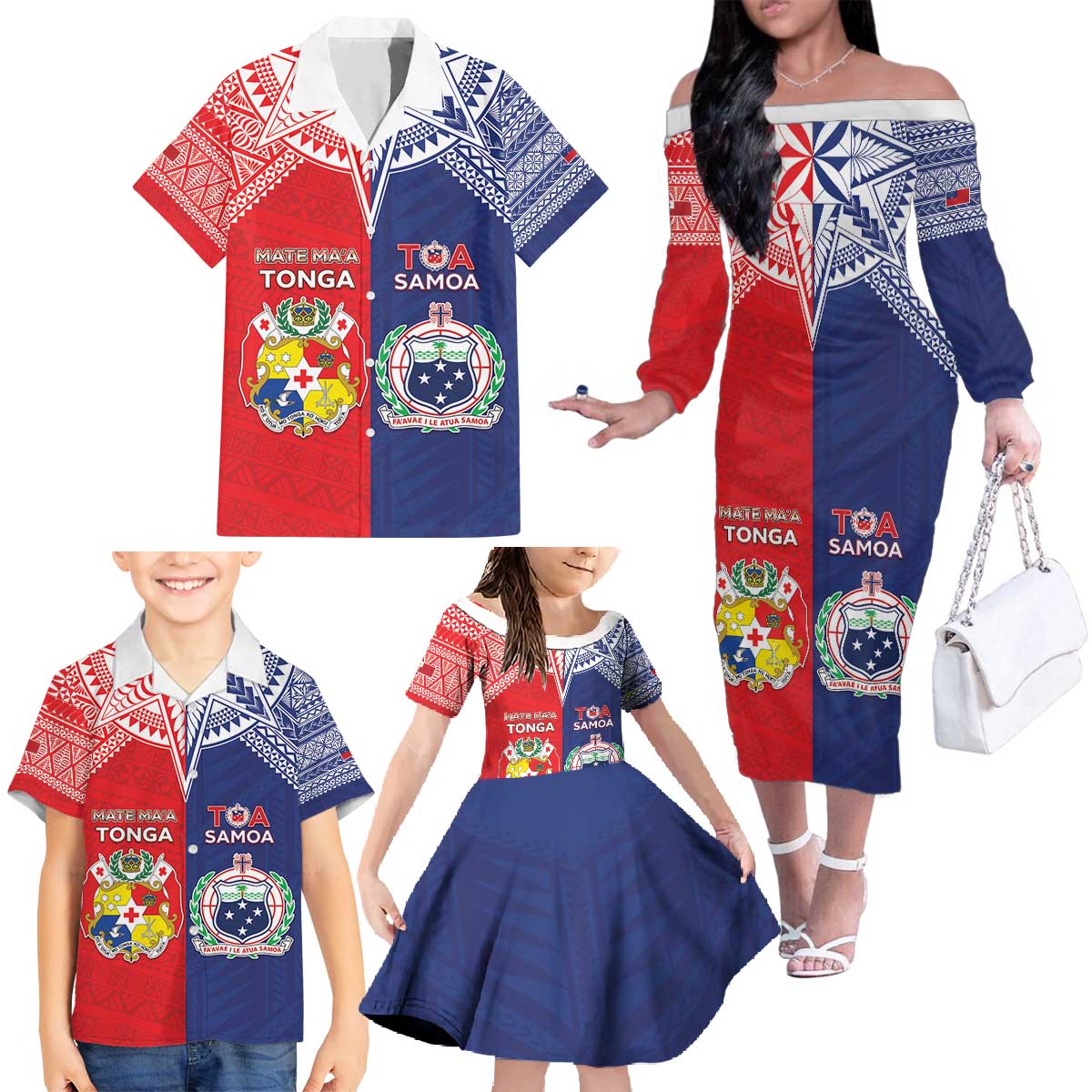 Custom Rugby Samoa And Tonga Family Matching Off The Shoulder Long Sleeve Dress and Hawaiian Shirt Toa Samoa With Mate Maa LT05 - Polynesian Pride