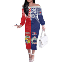 Custom Rugby Samoa And Tonga Family Matching Off The Shoulder Long Sleeve Dress and Hawaiian Shirt Toa Samoa With Mate Maa LT05 Mom's Dress Multicolor - Polynesian Pride