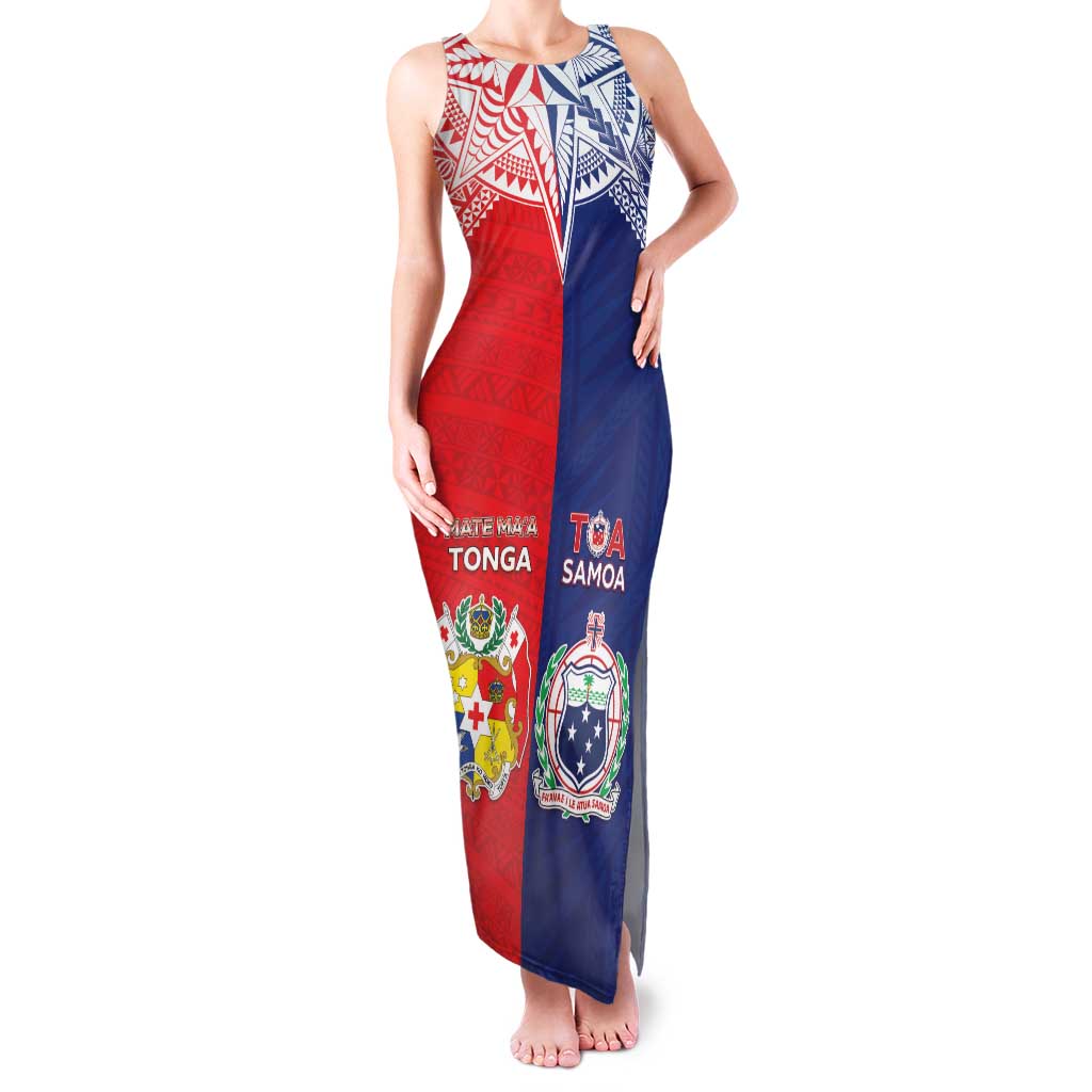 Custom Rugby Samoa And Tonga Family Matching Tank Maxi Dress and Hawaiian Shirt Toa Samoa With Mate Maa LT05 Mom's Dress Multicolor - Polynesian Pride