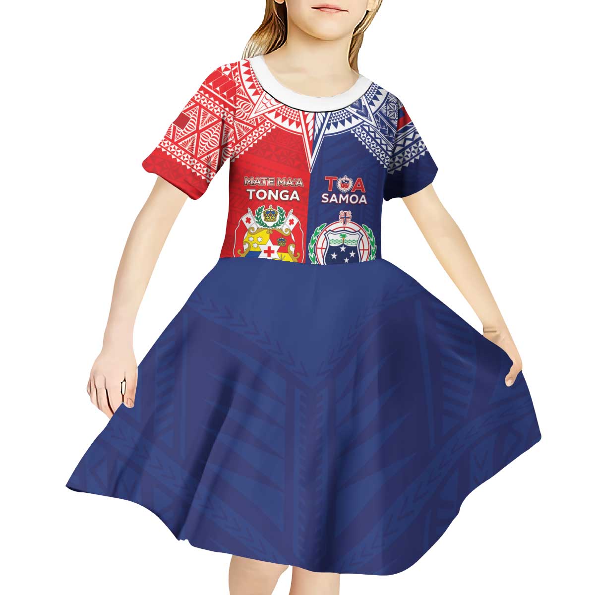 Custom Rugby Samoa And Tonga Kid Short Sleeve Dress Toa Samoa With Mate Maa LT05 - Polynesian Pride