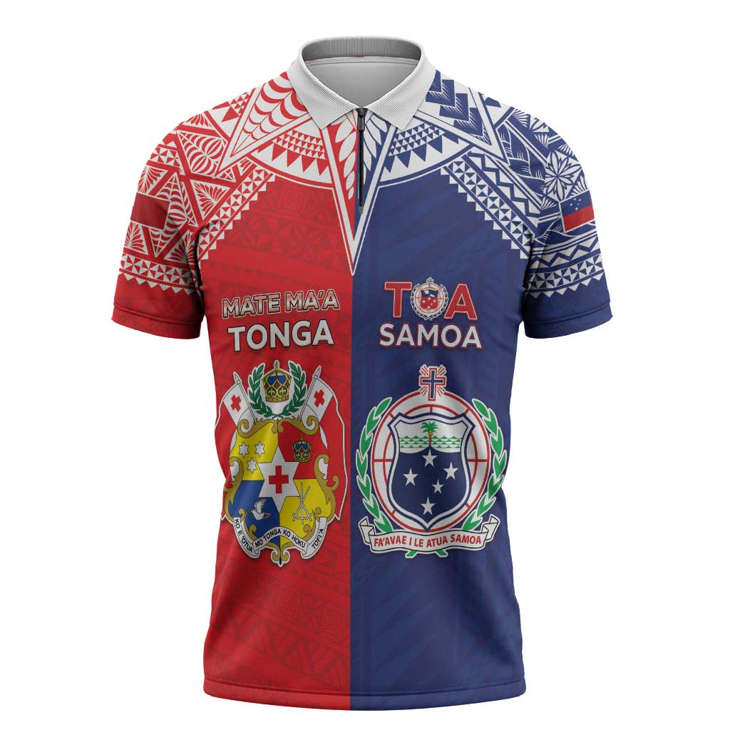 Custom Rugby Samoa And Tonga Zipper Polo Shirt Toa Samoa With Mate Maa LT05 Multicolor - Polynesian Pride