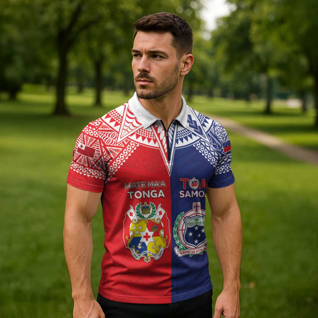 Custom Rugby Samoa And Tonga Zipper Polo Shirt Toa Samoa With Mate Maa LT05 - Polynesian Pride