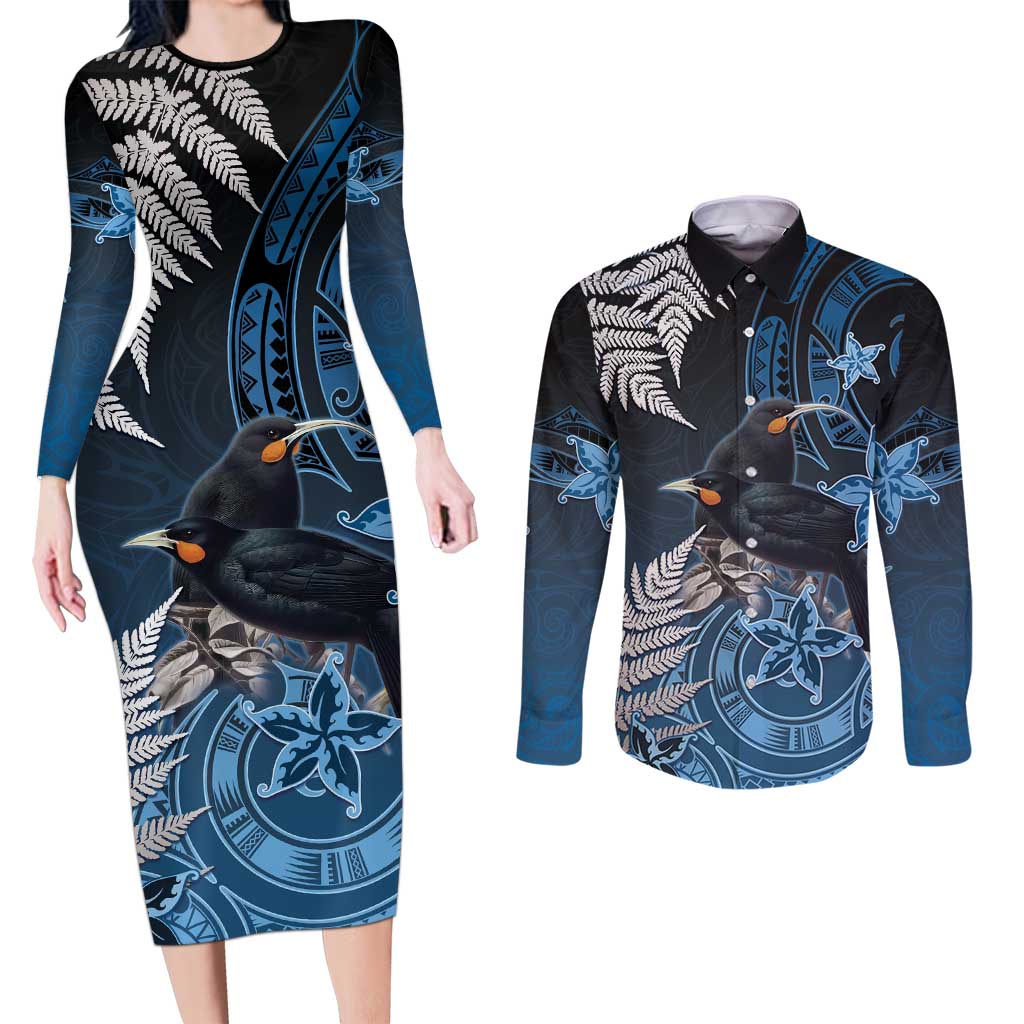 New Zealand Huia Bird Couples Matching Long Sleeve Bodycon Dress and Long Sleeve Button Shirt Aotearoa Maori Pattern LT05 Navy - Polynesian Pride