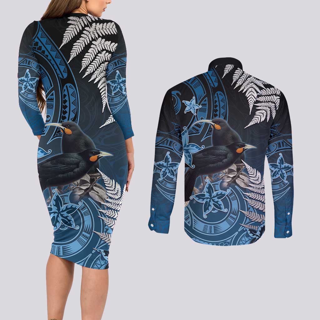 New Zealand Huia Bird Couples Matching Long Sleeve Bodycon Dress and Long Sleeve Button Shirt Aotearoa Maori Pattern LT05 - Polynesian Pride
