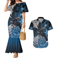New Zealand Huia Bird Couples Matching Mermaid Dress and Hawaiian Shirt Aotearoa Maori Pattern LT05 Navy - Polynesian Pride