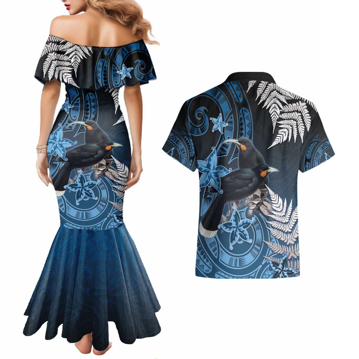 New Zealand Huia Bird Couples Matching Mermaid Dress and Hawaiian Shirt Aotearoa Maori Pattern LT05 - Polynesian Pride