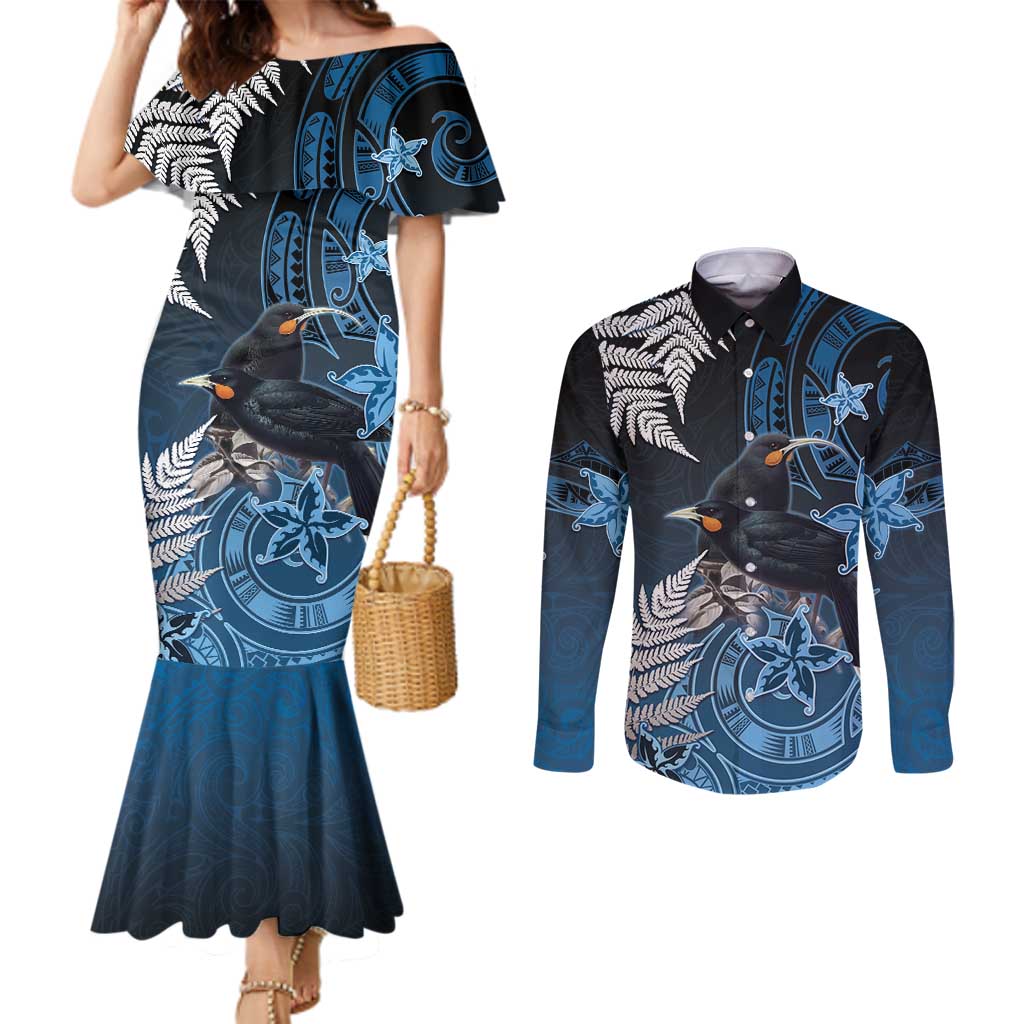 New Zealand Huia Bird Couples Matching Mermaid Dress and Long Sleeve Button Shirt Aotearoa Maori Pattern LT05 Navy - Polynesian Pride