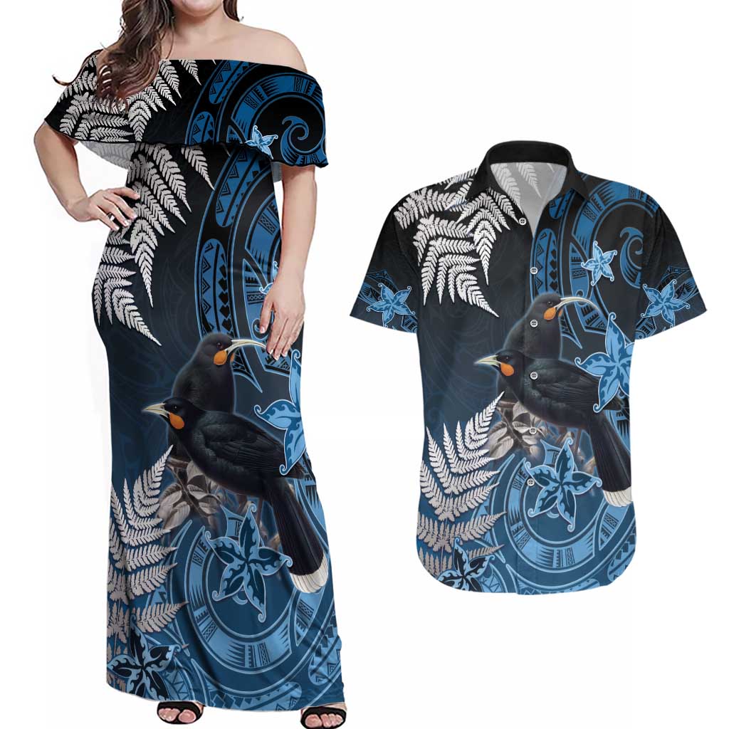 New Zealand Huia Bird Couples Matching Off Shoulder Maxi Dress and Hawaiian Shirt Aotearoa Maori Pattern LT05 Navy - Polynesian Pride