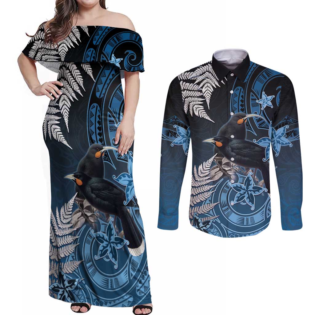 New Zealand Huia Bird Couples Matching Off Shoulder Maxi Dress and Long Sleeve Button Shirt Aotearoa Maori Pattern LT05 Navy - Polynesian Pride