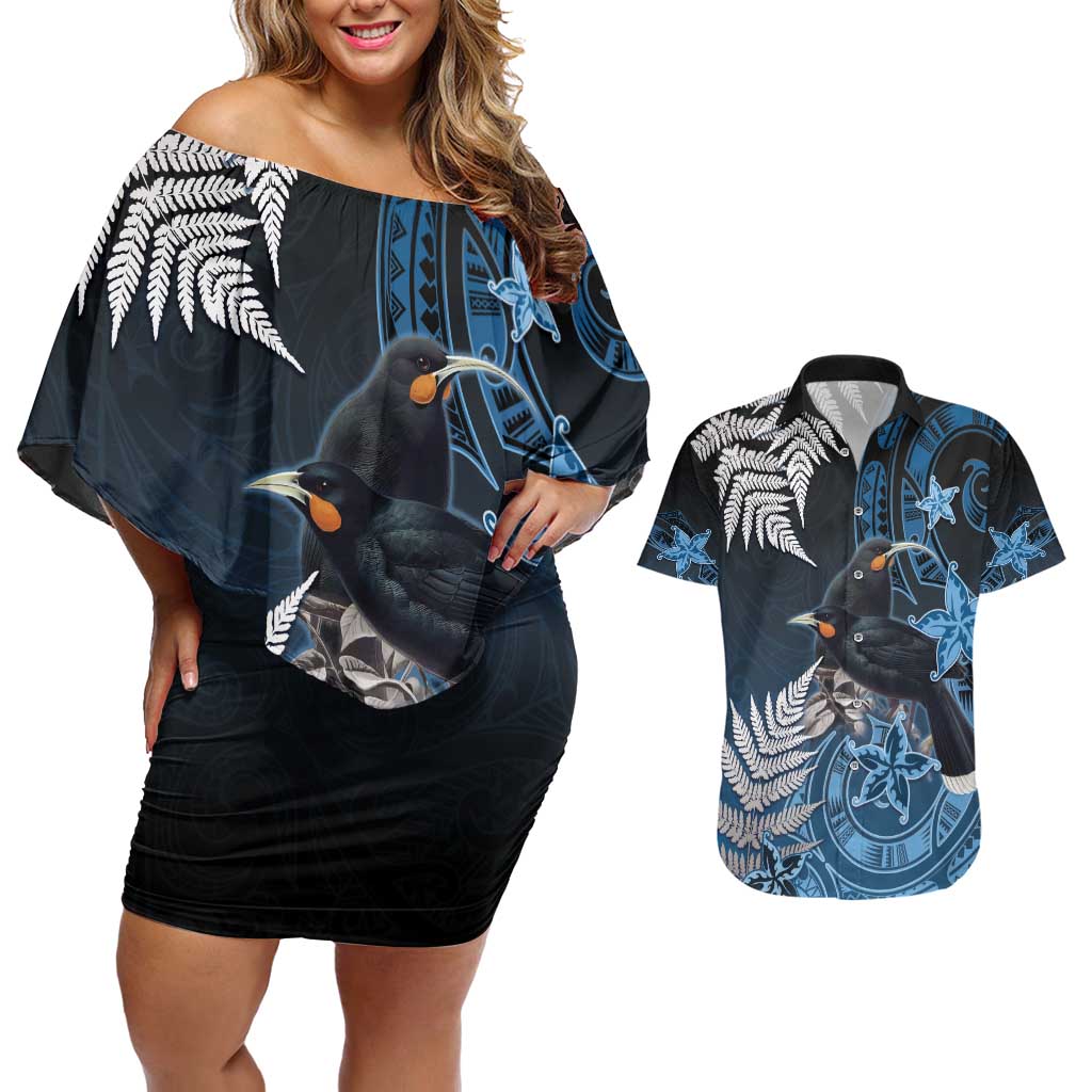 New Zealand Huia Bird Couples Matching Off Shoulder Short Dress and Hawaiian Shirt Aotearoa Maori Pattern LT05 Navy - Polynesian Pride