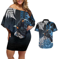 New Zealand Huia Bird Couples Matching Off Shoulder Short Dress and Hawaiian Shirt Aotearoa Maori Pattern LT05 Navy - Polynesian Pride
