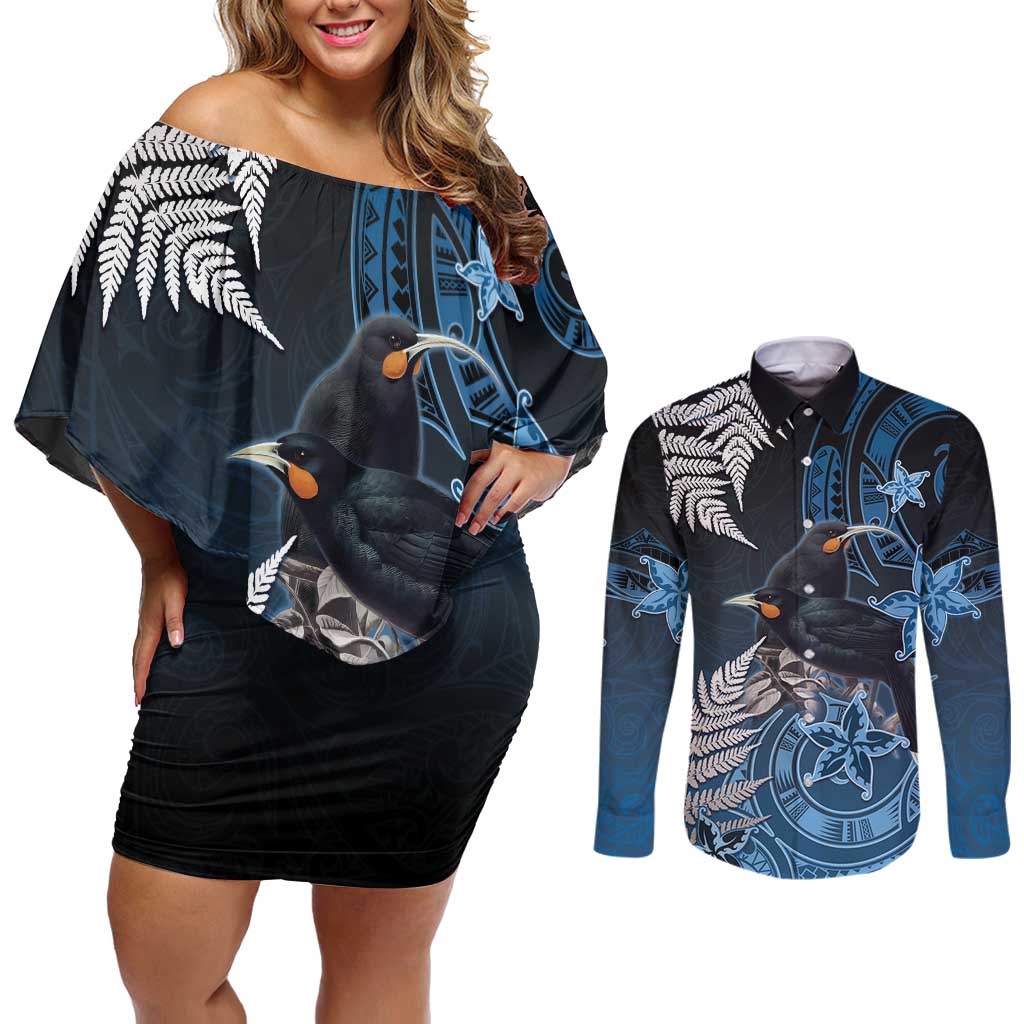 New Zealand Huia Bird Couples Matching Off Shoulder Short Dress and Long Sleeve Button Shirt Aotearoa Maori Pattern LT05 Navy - Polynesian Pride