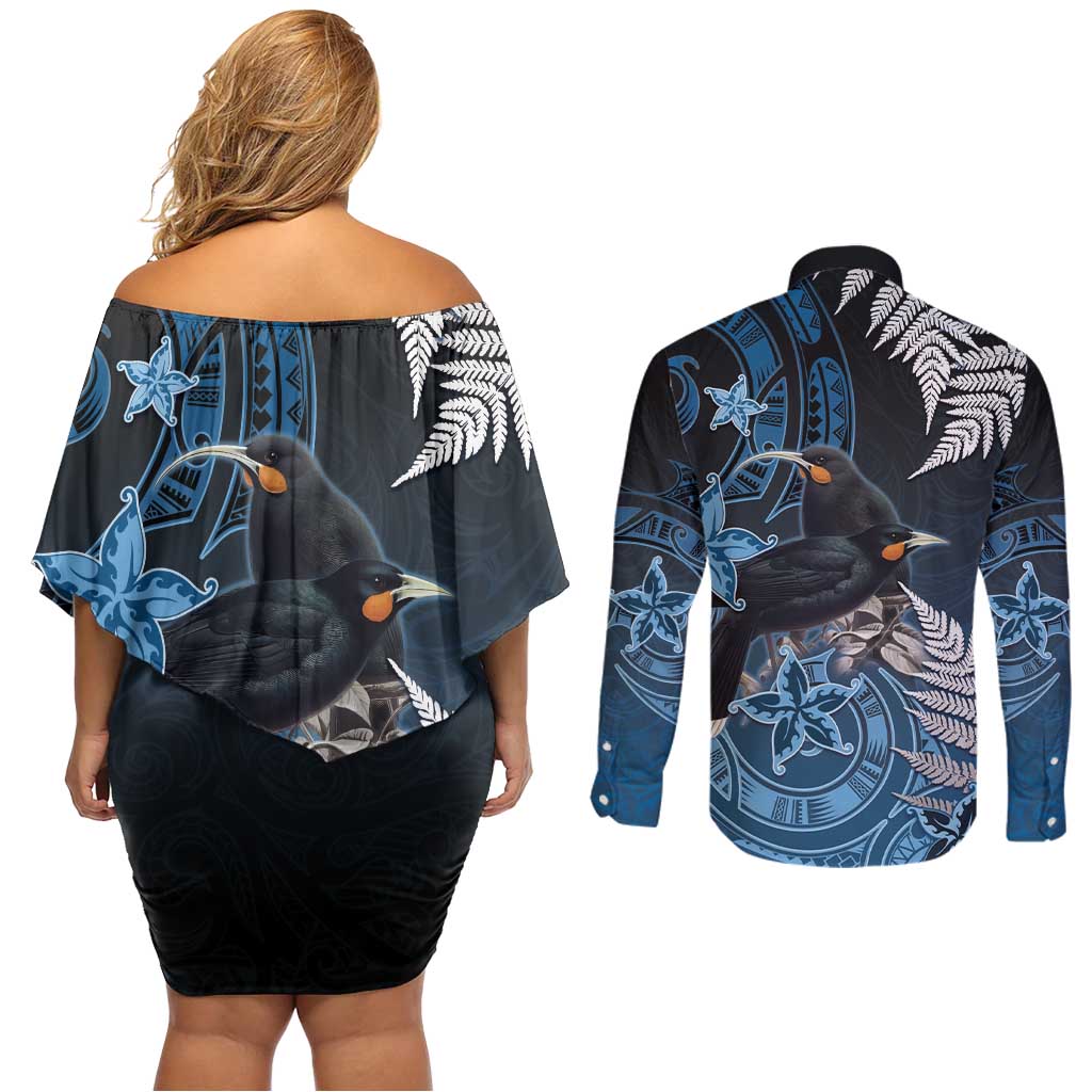 New Zealand Huia Bird Couples Matching Off Shoulder Short Dress and Long Sleeve Button Shirt Aotearoa Maori Pattern LT05 - Polynesian Pride