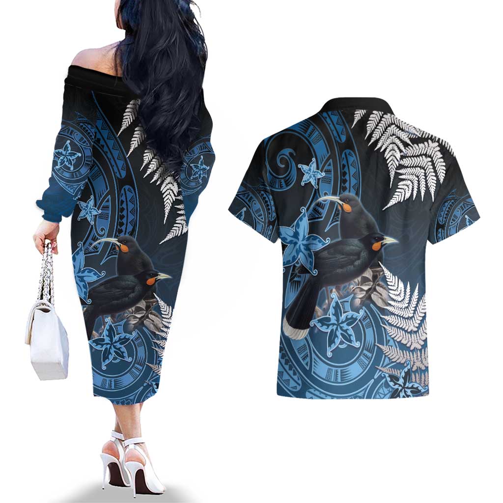 New Zealand Huia Bird Couples Matching Off The Shoulder Long Sleeve Dress and Hawaiian Shirt Aotearoa Maori Pattern LT05 - Polynesian Pride