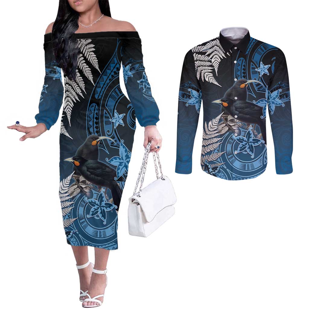 New Zealand Huia Bird Couples Matching Off The Shoulder Long Sleeve Dress and Long Sleeve Button Shirt Aotearoa Maori Pattern LT05 Navy - Polynesian Pride
