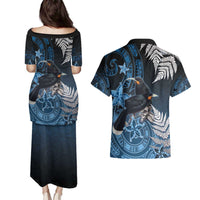 New Zealand Huia Bird Couples Matching Puletasi and Hawaiian Shirt Aotearoa Maori Pattern LT05 - Polynesian Pride