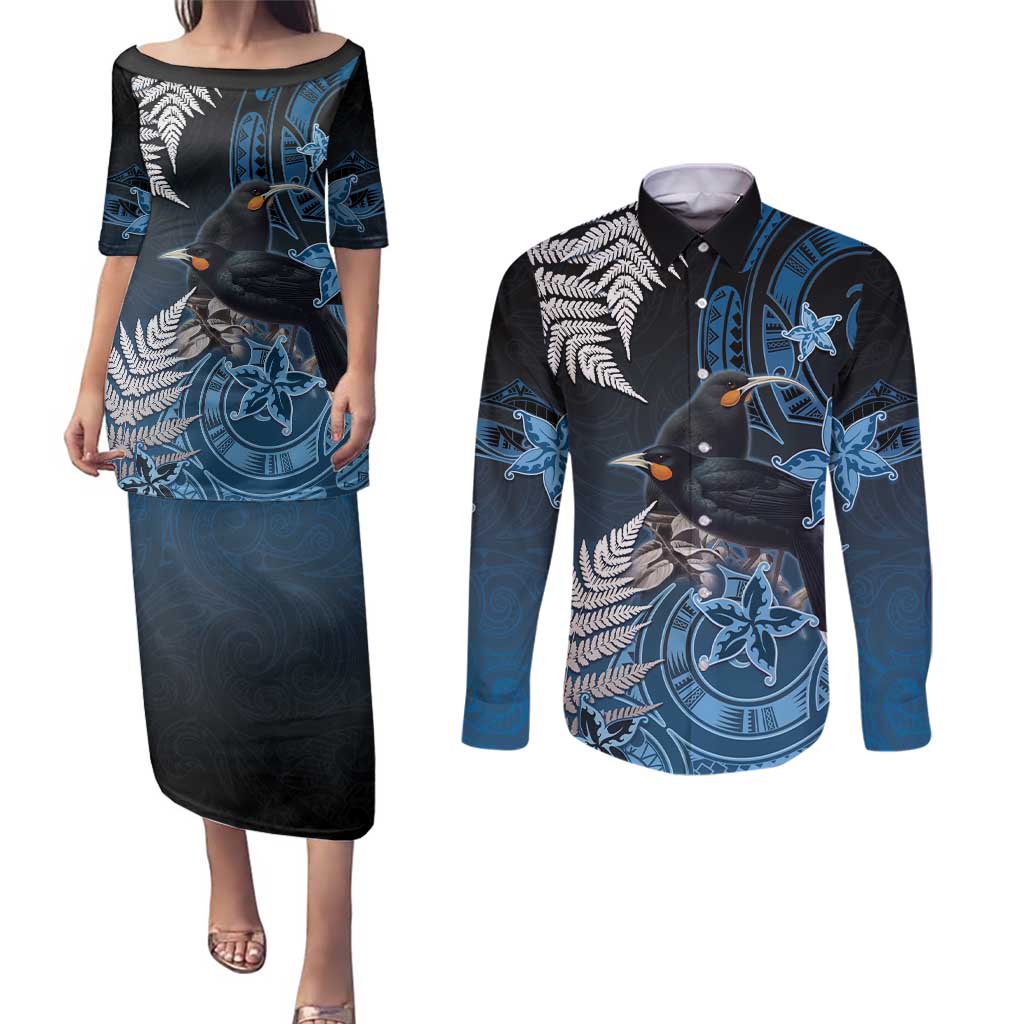 New Zealand Huia Bird Couples Matching Puletasi and Long Sleeve Button Shirt Aotearoa Maori Pattern LT05 Navy - Polynesian Pride