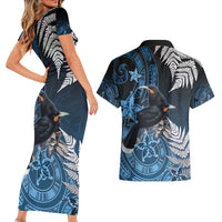 New Zealand Huia Bird Couples Matching Short Sleeve Bodycon Dress and Hawaiian Shirt Aotearoa Maori Pattern LT05 - Polynesian Pride