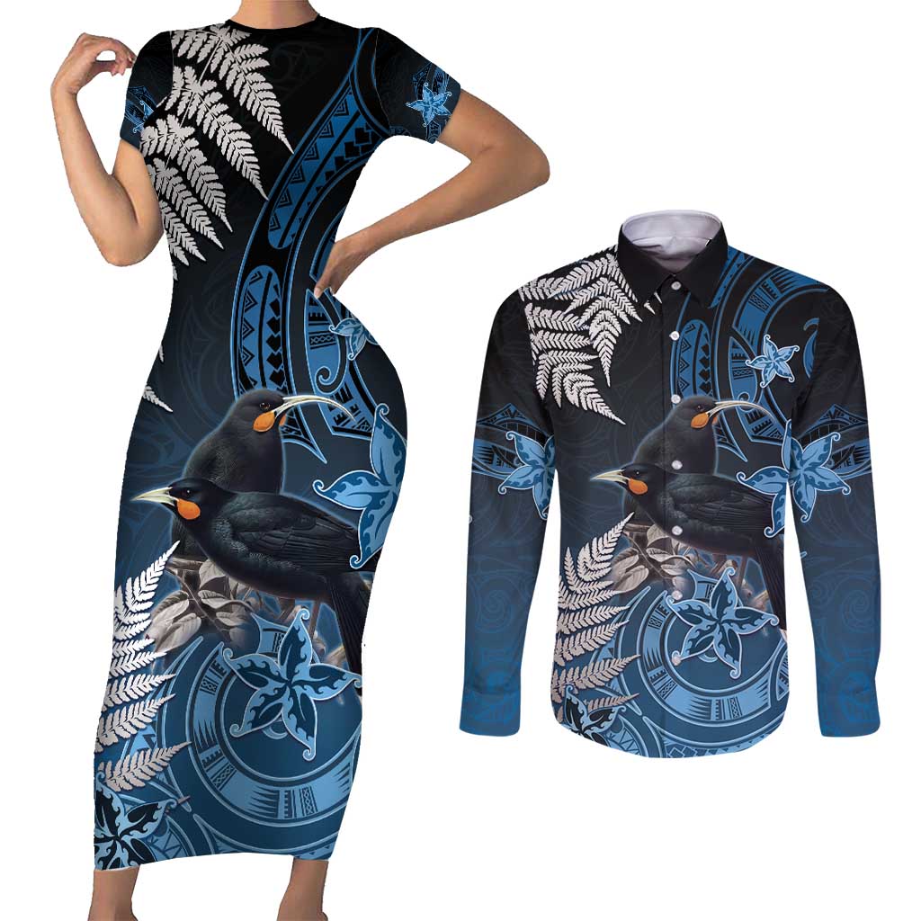 New Zealand Huia Bird Couples Matching Short Sleeve Bodycon Dress and Long Sleeve Button Shirt Aotearoa Maori Pattern LT05 Navy - Polynesian Pride