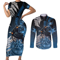 New Zealand Huia Bird Couples Matching Short Sleeve Bodycon Dress and Long Sleeve Button Shirt Aotearoa Maori Pattern LT05 Navy - Polynesian Pride