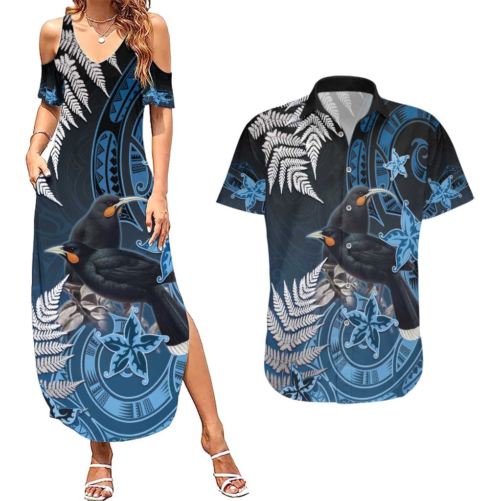New Zealand Huia Bird Couples Matching Summer Maxi Dress and Hawaiian Shirt Aotearoa Maori Pattern LT05 Navy - Polynesian Pride