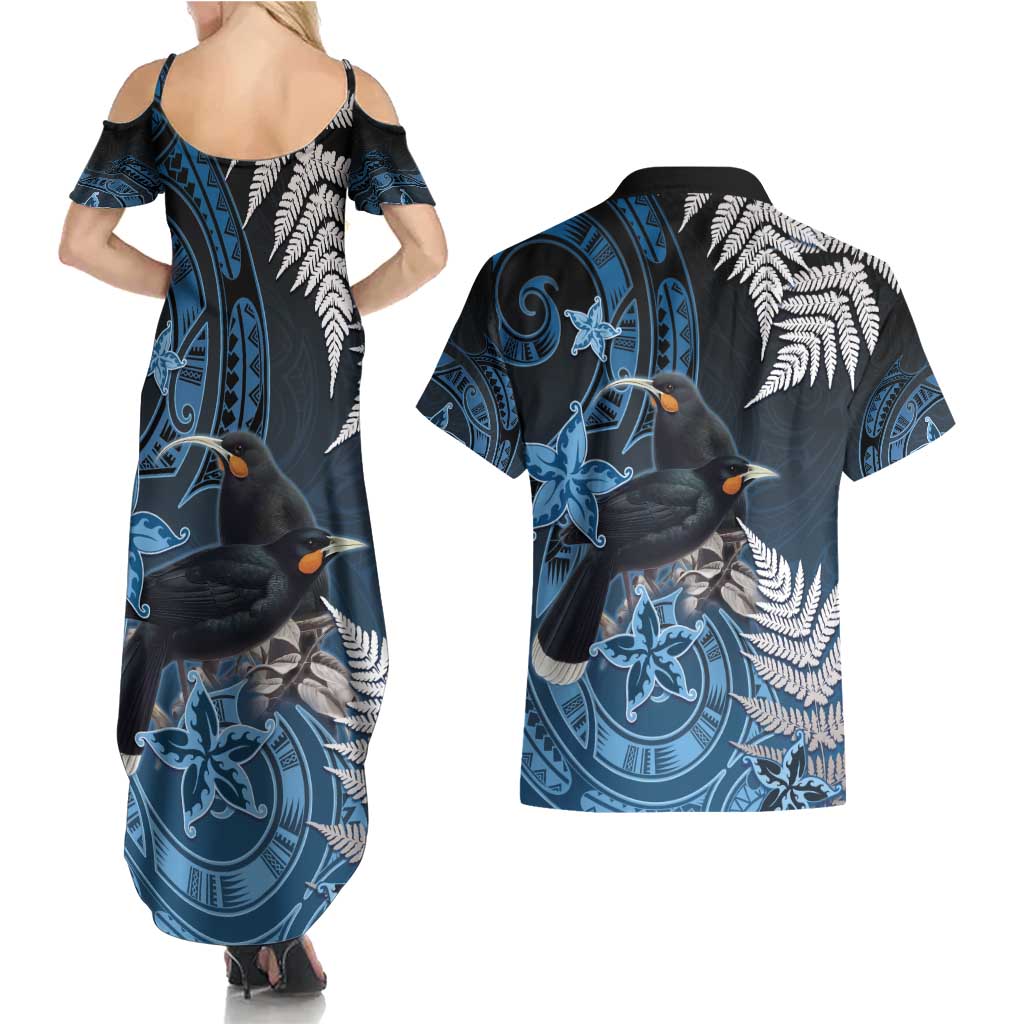 New Zealand Huia Bird Couples Matching Summer Maxi Dress and Hawaiian Shirt Aotearoa Maori Pattern LT05 - Polynesian Pride