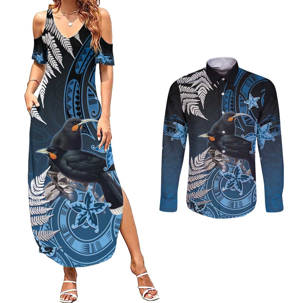 New Zealand Huia Bird Couples Matching Summer Maxi Dress and Long Sleeve Button Shirt Aotearoa Maori Pattern LT05 Navy - Polynesian Pride