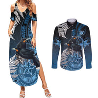 New Zealand Huia Bird Couples Matching Summer Maxi Dress and Long Sleeve Button Shirt Aotearoa Maori Pattern LT05 Navy - Polynesian Pride