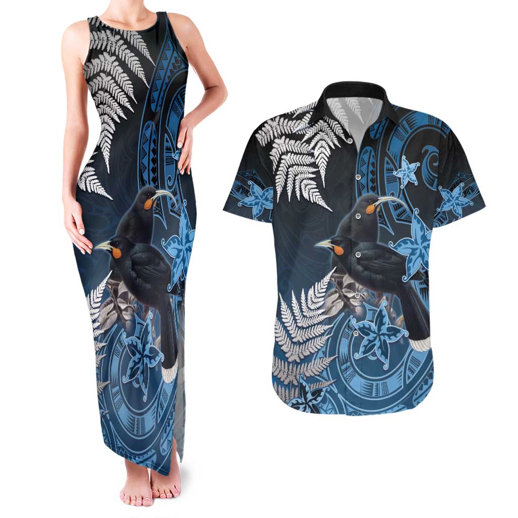 New Zealand Huia Bird Couples Matching Tank Maxi Dress and Hawaiian Shirt Aotearoa Maori Pattern LT05 Navy - Polynesian Pride