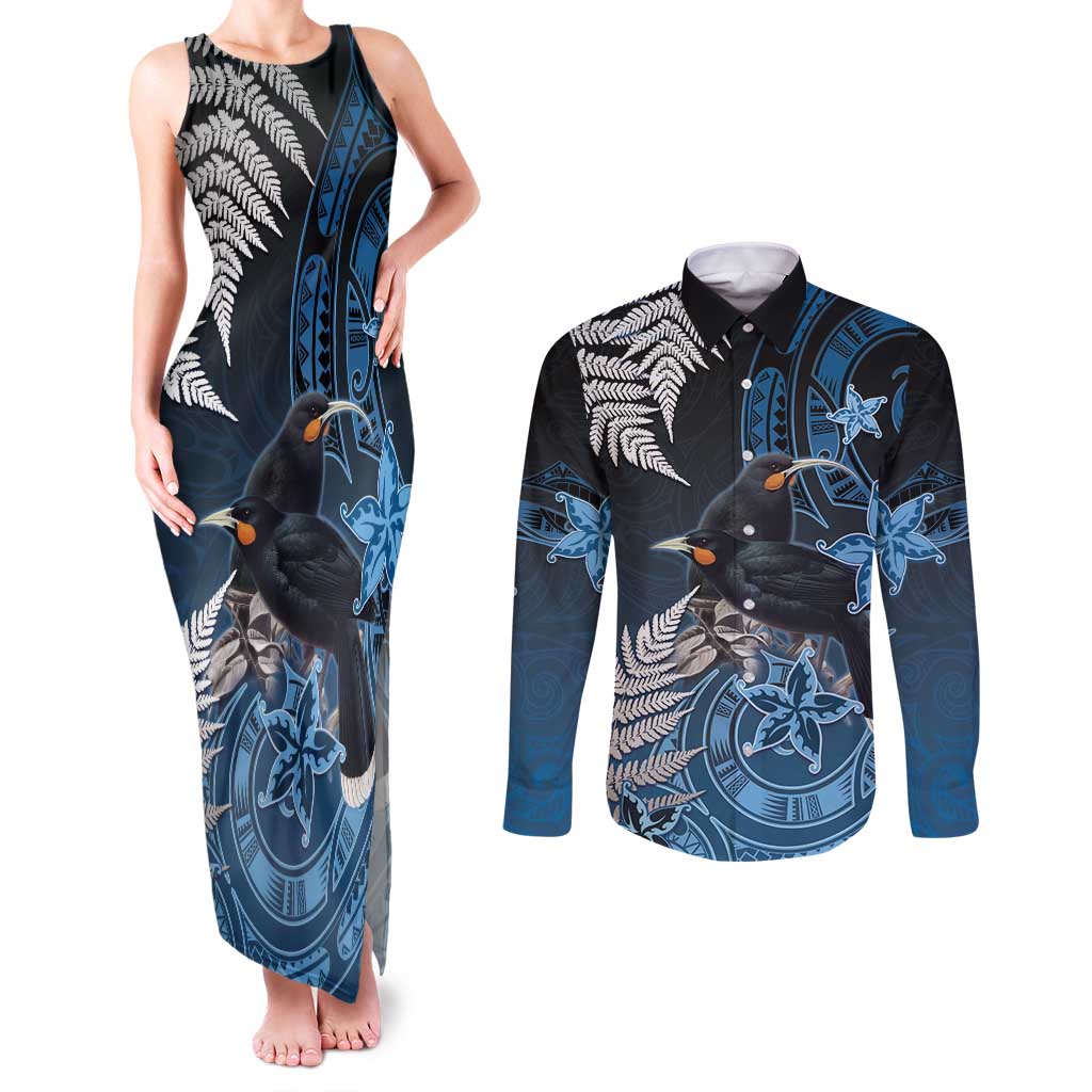 New Zealand Huia Bird Couples Matching Tank Maxi Dress and Long Sleeve Button Shirt Aotearoa Maori Pattern LT05 Navy - Polynesian Pride