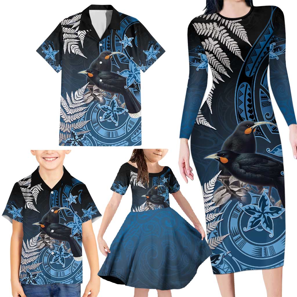 New Zealand Huia Bird Family Matching Long Sleeve Bodycon Dress and Hawaiian Shirt Aotearoa Maori Pattern LT05 - Polynesian Pride