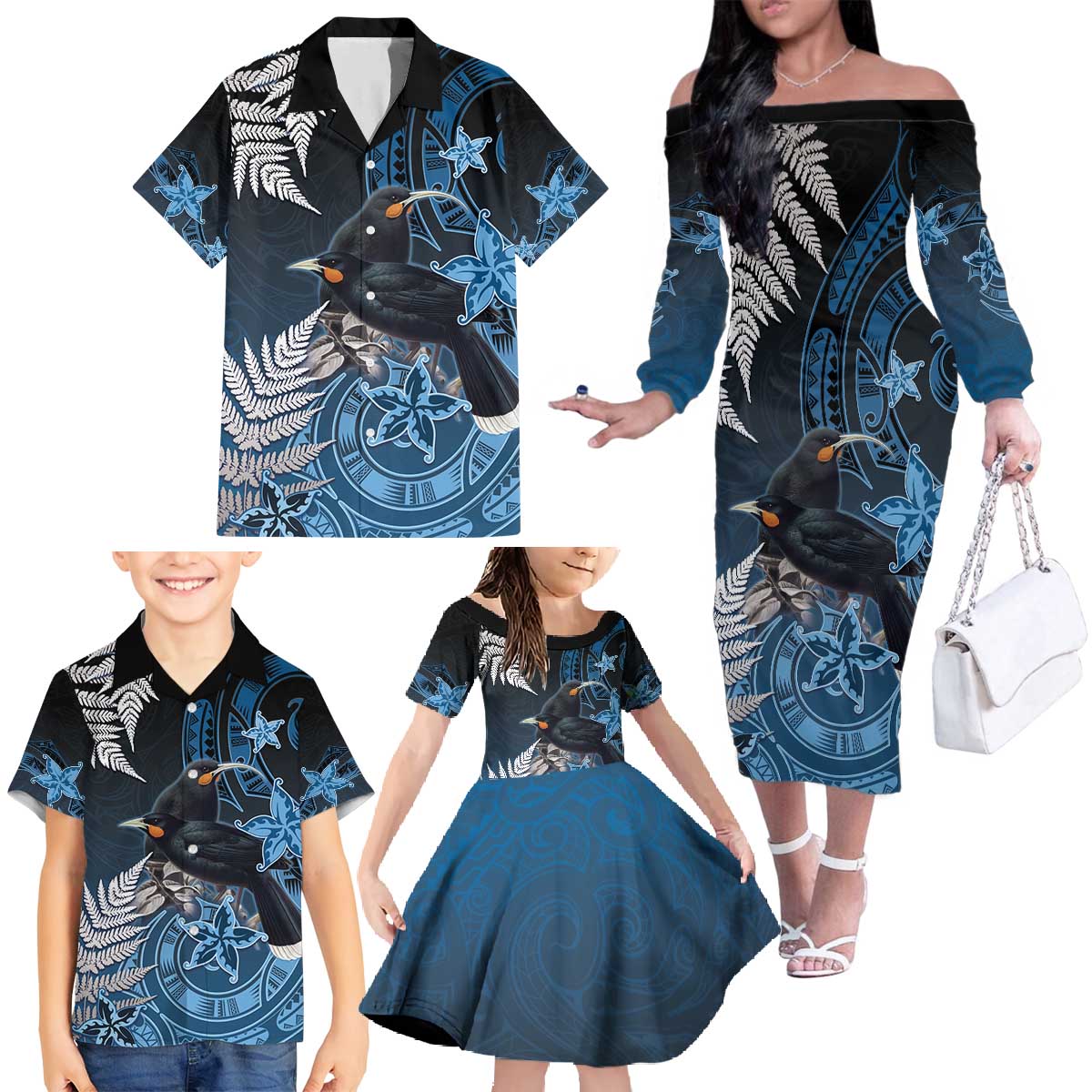 New Zealand Huia Bird Family Matching Off The Shoulder Long Sleeve Dress and Hawaiian Shirt Aotearoa Maori Pattern LT05 - Polynesian Pride
