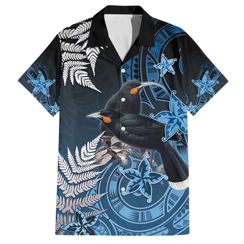 New Zealand Huia Bird Family Matching Off Shoulder Maxi Dress and Hawaiian Shirt Aotearoa Maori Pattern LT05 Dad's Shirt - Short Sleeve Navy - Polynesian Pride