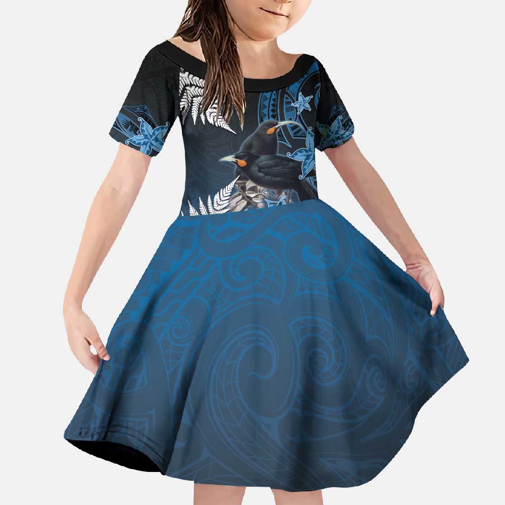 New Zealand Huia Bird Family Matching Short Sleeve Bodycon Dress and Hawaiian Shirt Aotearoa Maori Pattern LT05 Daughter's Dress Navy - Polynesian Pride