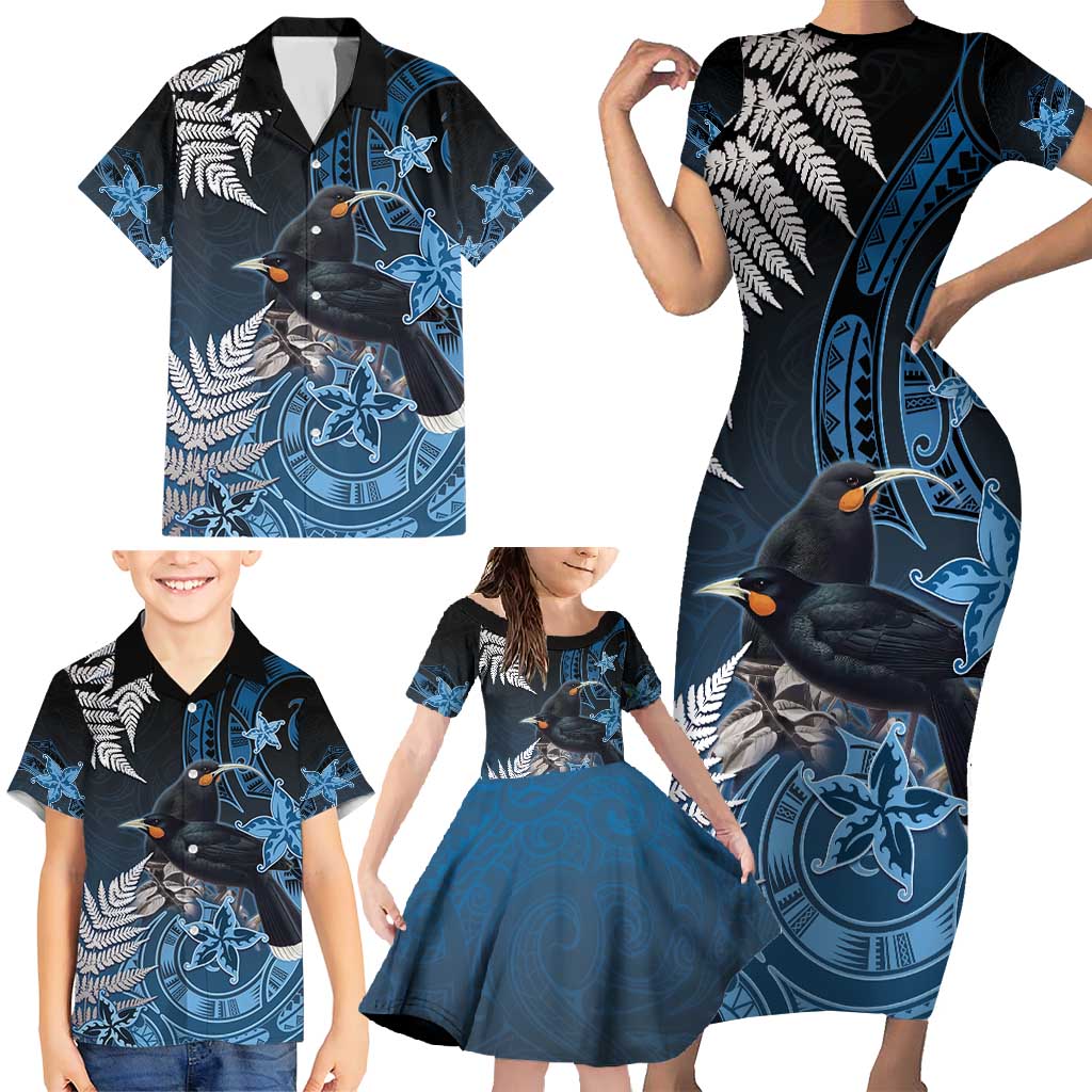 New Zealand Huia Bird Family Matching Short Sleeve Bodycon Dress and Hawaiian Shirt Aotearoa Maori Pattern LT05 - Polynesian Pride