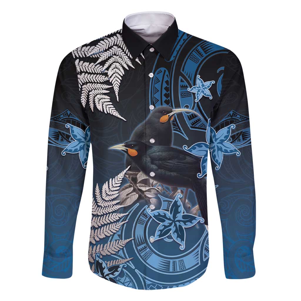 New Zealand Huia Bird Family Matching Short Sleeve Bodycon Dress and Hawaiian Shirt Aotearoa Maori Pattern LT05 Dad's Shirt - Long Sleeve Navy - Polynesian Pride