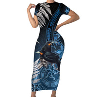 New Zealand Huia Bird Family Matching Short Sleeve Bodycon Dress and Hawaiian Shirt Aotearoa Maori Pattern LT05 Mom's Dress Navy - Polynesian Pride