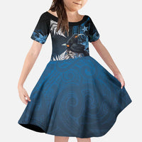 New Zealand Huia Bird Family Matching Summer Maxi Dress and Hawaiian Shirt Aotearoa Maori Pattern LT05 Daughter's Dress Navy - Polynesian Pride