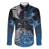 New Zealand Huia Bird Family Matching Tank Maxi Dress and Hawaiian Shirt Aotearoa Maori Pattern LT05 Dad's Shirt - Long Sleeve Navy - Polynesian Pride