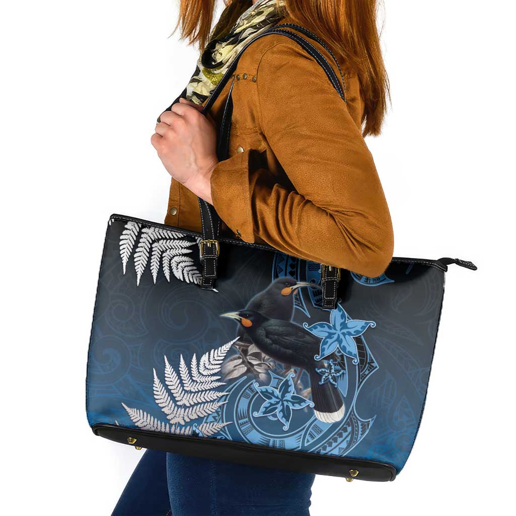 New Zealand Huia Bird Leather Tote Bag Aotearoa Maori Pattern LT05 Navy - Polynesian Pride