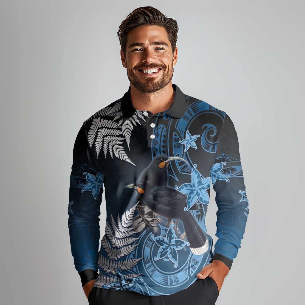 New Zealand Huia Bird Long Sleeve Polo Shirt Aotearoa Maori Pattern