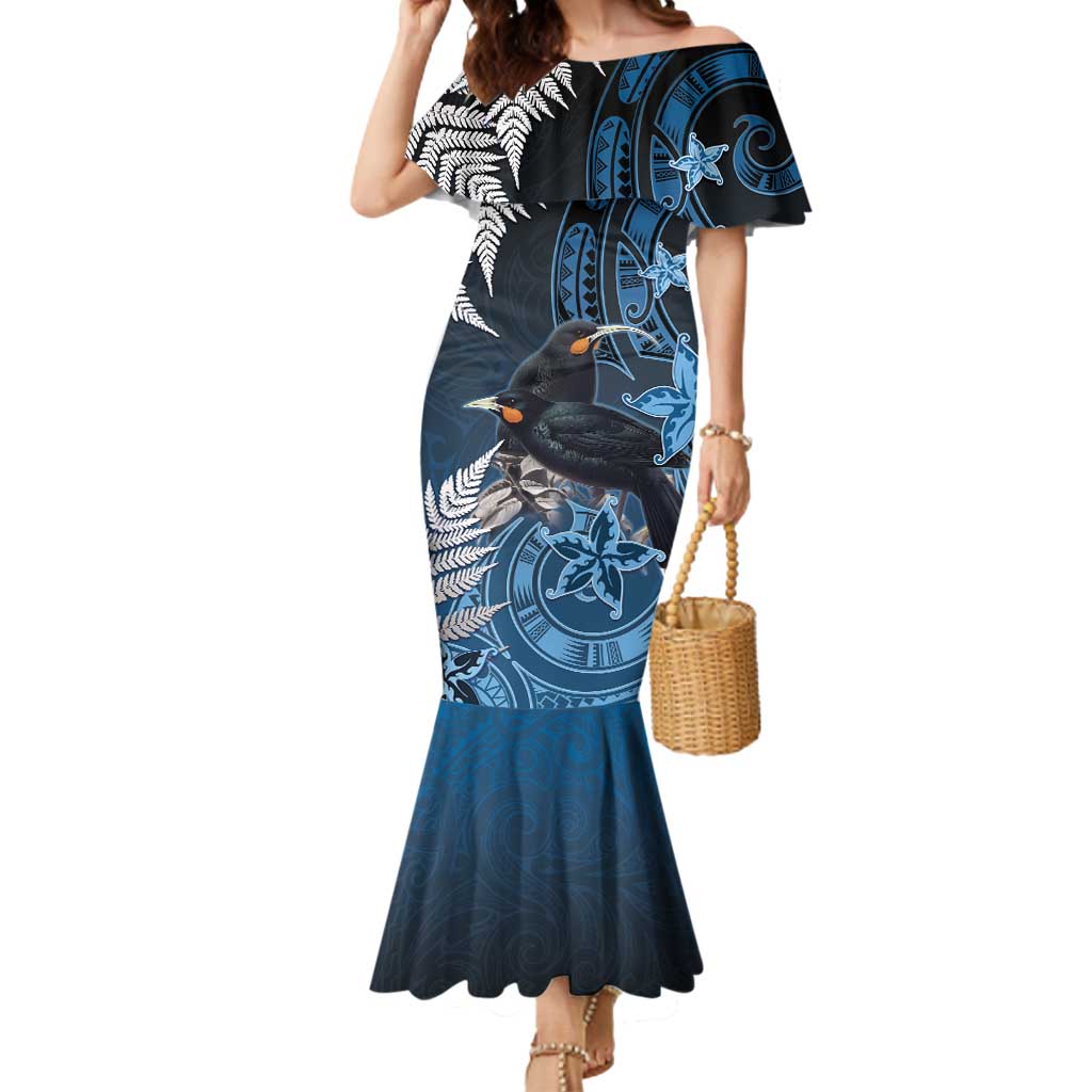 New Zealand Huia Bird Mermaid Dress Aotearoa Maori Pattern LT05 Women Navy - Polynesian Pride