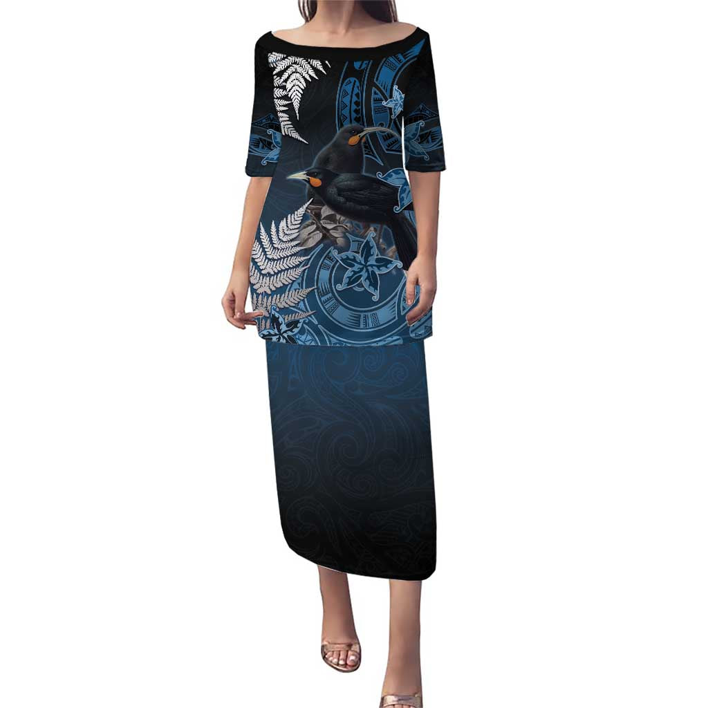 New Zealand Huia Bird Puletasi Aotearoa Maori Pattern LT05 Long Dress Navy - Polynesian Pride
