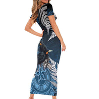 New Zealand Huia Bird Short Sleeve Bodycon Dress Aotearoa Maori Pattern