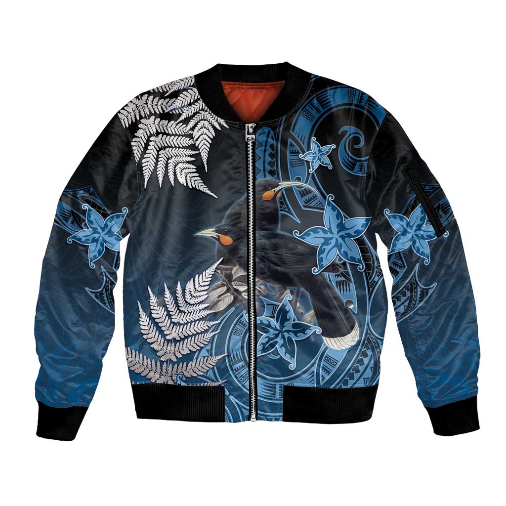 New Zealand Huia Bird Sleeve Zip Bomber Jacket Aotearoa Maori Pattern LT05 Unisex Navy - Polynesian Pride