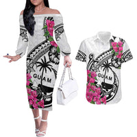 Guam Chamorro Couples Matching Off The Shoulder Long Sleeve Dress and Hawaiian Shirt Bougainvillea White Polynesian Tribal Pattern LT05 White - Polynesian Pride