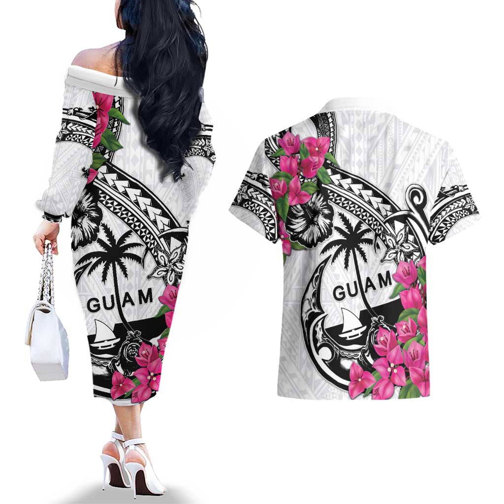 Guam Chamorro Couples Matching Off The Shoulder Long Sleeve Dress and Hawaiian Shirt Bougainvillea White Polynesian Tribal Pattern LT05 - Polynesian Pride