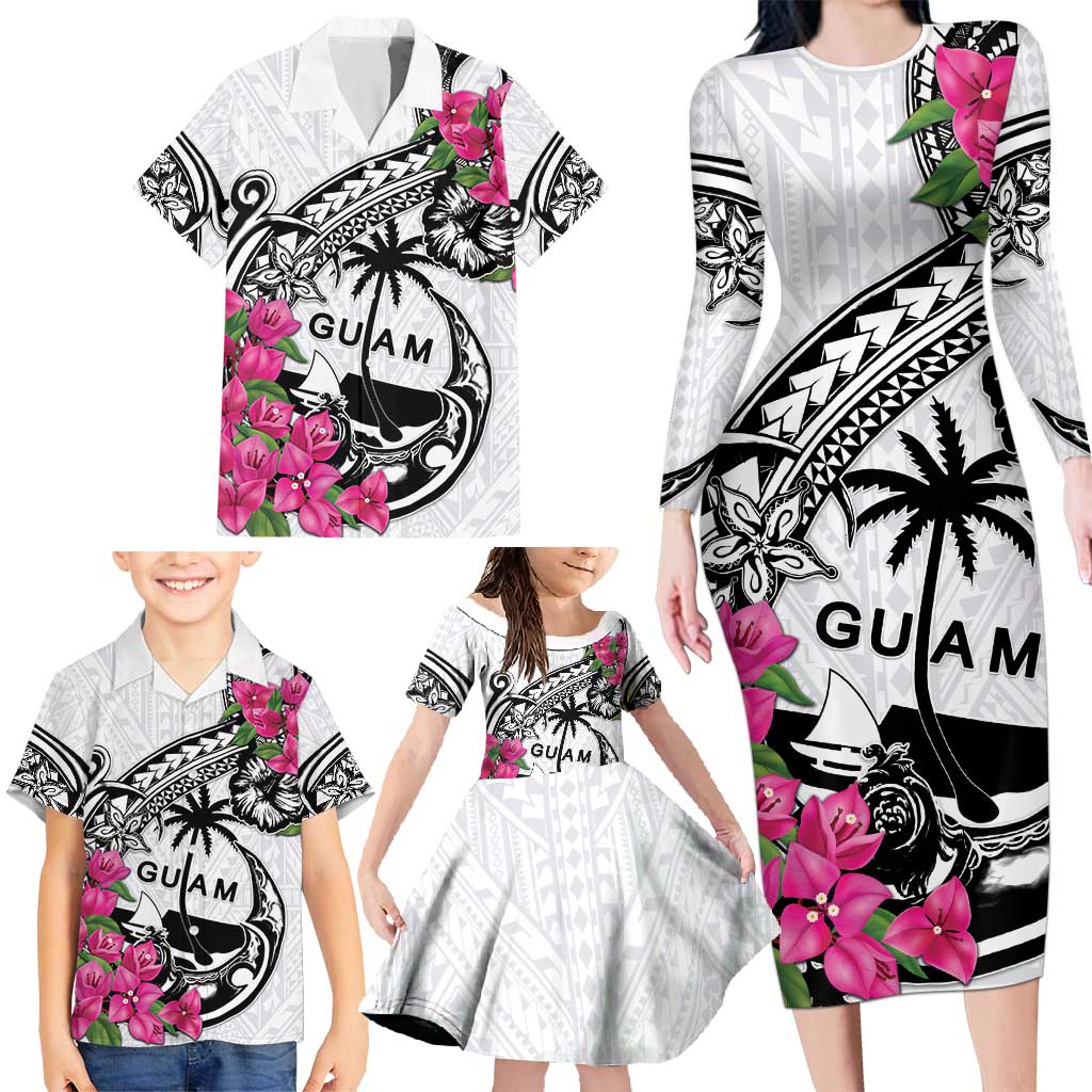 Guam Chamorro Family Matching Long Sleeve Bodycon Dress and Hawaiian Shirt Bougainvillea White Polynesian Tribal Pattern LT05 - Polynesian Pride